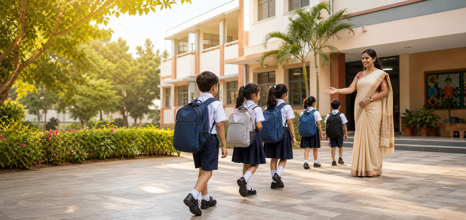 Children arriving at a welcoming primary school campus